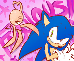 Size: 600x494 | Tagged: safe, artist:evmousser, sonic the hedgehog, wisp, oc, oc:sassy gay wisp, hedgehog, 2010, agender, bandana, duo, english text, lidded eyes, looking at them, looking at viewer, male, mouth open, sonic colors, sparkles, star (symbol), sweatdrop, text