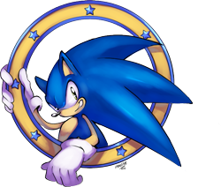Size: 697x592 | Tagged: safe, artist:evmousser, sonic the hedgehog, hedgehog, 2011, alternate version, clenched teeth, colored version, holding something, looking at viewer, male, signature, simple background, smile, solo, star (symbol), transparent background