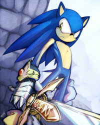 Size: 600x750 | Tagged: safe, artist:evmousser, sonic the hedgehog, hedgehog, sonic and the black knight, 2010, brick wall, excalibur, excalibur sonic, holding something, looking offscreen, male, solo, standing, sword, weapon