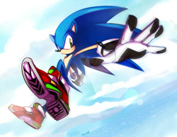 Size: 800x619 | Tagged: safe, artist:evmousser, sonic the hedgehog, hedgehog, 2010, alternate outfit, arms out, clouds, daytime, gloves, jumping, looking at viewer, male, mid-air, outdoors, reaching towards the viewer, smile, soap shoes, solo, treads, water, zip