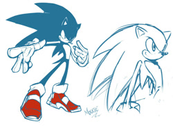 Size: 800x582 | Tagged: safe, artist:evmousser, sonic the hedgehog, hedgehog, 2010, limited palette, line art, looking at each other, male, monochrome, reaching out, signature, simple background, smile, soap shoes, solo, standing, white background