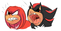 Size: 971x491 | Tagged: safe, artist:beastofeuthanasia, knuckles the echidna, shadow the hedgehog, echidna, hedgehog, 2019, angry, bust, clenched teeth, duo, duo male, eyes closed, looking offscreen, male, males only, mouth open, sharp teeth, simple background, white background, yelling