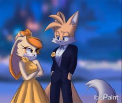 Size: 568x480 | Tagged: safe, artist:_sealder, cream the rabbit, miles "tails" prower, fox, rabbit, aged up, cream x tails, crossover, dress, female, flower, ibis paint, looking at each other, male, shipping, smile, straight, suit, watermark, zootopia