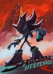 Size: 1191x1684 | Tagged: safe, artist:devourerofglue, shadow the hedgehog, hedgehog, 2026, character name, city, clenched teeth, cover art, dust clouds, english text, from below, gun, holding something, looking at viewer, looking down, looking down at viewer, male, nighttime, outdoors, pointing gun at viewer, red sky, redraw, shadow the hedgehog (video game), shadow's logo, sharp teeth, signature, solo, standing, text, weapon, westopolis