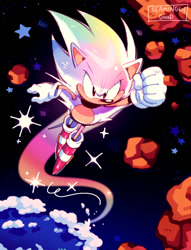 Size: 600x787 | Tagged: safe, artist:seaminglygood, sonic the hedgehog, hedgehog, 2026, classic sonic, clenched fist, clouds, doomsday zone, flying, hyper form, hyper sonic, male, meteorite, mid-air, signature, solo, sonic the hedgehog 3, space, sparkles, trail