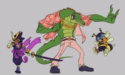 Size: 2048x1229 | Tagged: safe, artist:thecorderra, charmy bee, espio the chameleon, vector the crocodile, bee, crocodile, 2026, alternate outfit, belt, chameleon, chaotix case files, claws, clenched fist, clothes, coat, devil horns (gesture), eyes closed, flat colors, flying, gloves, goggles, grey background, holding something, jacket, japanese clothes, katana, looking offscreen, male, mid-air, mouth open, ninja outfit, pants, pilot hat, posing, redesign, scarf, shoes, simple background, smile, standing, team chaotix, top surgery scars, trans boy espio, trans male, transgender, treads, trio, weapon