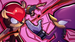 Size: 1920x1080 | Tagged: safe, artist:eblastgraphix45, espio the chameleon, mighty the armadillo, armadillo, 2026, chameleon, chaotix case files, duo, fingerless gloves, hand out, looking at each other, male, smile, standing