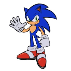 Size: 560x560 | Tagged: safe, artist:scterracon, sonic the hedgehog, hedgehog, 2026, clenched fist, flat colors, male, simple background, smile, solo, standing, waving, white background