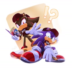 Size: 2048x1938 | Tagged: safe, artist:gee_dutreix, shadow the hedgehog, sonic the hedgehog, hedgehog, 2026, cap, clenched teeth, comic book, crouching, duo, exclamation mark, from below, frown, hat, holding something, idw, lineless, looking at viewer, looking down, looking down at viewer, male, no outlines, pencil, question mark, shirt, smile, standing, treads, words on a shirt