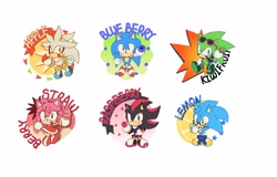 Size: 2048x1311 | Tagged: safe, artist:_presalewinter_, amy rose, nicky, scourge the hedgehog, shadow the hedgehog, silver the hedgehog, sonic the hedgehog, hedgehog, 2026, amybetes, apple, blueberry, chibi, cute, english text, flat colors, food, frown, fruit, group, heart, kiwi, lemon, mouth open, nickybetes, raspberry (fruit), scourgabetes, shadowbetes, silvabetes, simple background, smile, sonabetes, star (symbol), strawberry, text, white background