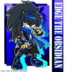 Size: 1280x1426 | Tagged: safe, artist:zeed_02, oc, oc:edge the obsidian, hedgehog, 2026, character name, electricity, english text, flat colors, lidded eyes, long hair, looking at viewer, male, ninja outfit, oc only, outline, scarf, signature, solo, standing, text