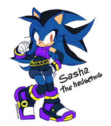 Size: 1280x1456 | Tagged: safe, artist:k3llywolfarts, oc, oc:sasha the hedgehog, hedgehog, 2025, character name, clothes, english text, eye clipping through hair, fankid, looking at viewer, magical gay spawn, oc only, orange eyes, parent:shadow, parent:sonic, parents:sonadow, redesign, signature, simple background, smile, solo, standing, text, white background