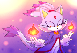 Size: 1100x767 | Tagged: safe, artist:ketlike, blaze the cat, cat, 2020, female, fire, flame, frown, gradient background, lidded eyes, looking offscreen, solo, standing