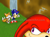 Size: 700x512 | Tagged: safe, artist:flashthewolf, knuckles the echidna, miles "tails" prower, sonic the hedgehog, echidna, fox, 2011, angel island, angel island zone, angry, classic knuckles, classic sonic, classic tails, cross popping vein, grass, looking at them, male, obtrusive watermark, shaking fist, smile, sonic the hedgehog 3, standing, trio, water, waterfall, watermark, worried