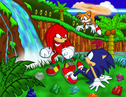 Size: 777x600 | Tagged: safe, artist:caribbeanpulse, knuckles the echidna, miles "tails" prower, sonic the hedgehog, echidna, fox, hedgehog, 2009, angel island, angel island zone, chaos emerald, classic knuckles, classic sonic, classic tails, coconut, flying, grass, looking at each other, looking at them, male, nature, palm tree, plant, ring, scene interpretation, sitting, sonic the hedgehog 3, spinning tails, squiggle, standing, team sonic, tree, trio, water, waterfall