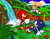 Size: 777x600 | Tagged: safe, artist:caribbeanpulse, knuckles the echidna, miles "tails" prower, sonic the hedgehog, echidna, fox, hedgehog, 2009, angel island, angel island zone, chaos emerald, classic knuckles, classic sonic, classic tails, coconut, flying, grass, looking at each other, looking at them, male, nature, palm tree, plant, ring, scene interpretation, sitting, sonic the hedgehog 3, spinning tails, squiggle, standing, team sonic, tree, trio, water, waterfall
