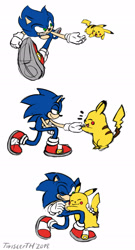 Size: 1024x1898 | Tagged: safe, artist:twisterth, sonic the hedgehog, hedgehog, 2018, crossover, cute, duo, flat colors, holding each other, hugging, lidded eyes, male, one eye closed, pikachu, pokemon, running, signature, simple background, smile, super smash brothers, super smash brothers ultimate, treads, white background, wholesome