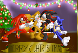 Size: 5912x4000 | Tagged: safe, artist:mistercobalt, knuckles the echidna, miles "tails" prower, shadow the hedgehog, sonic the hedgehog, 2012, age difference, barefoot, bauble, blushing, christmas, christmas decorations, christmas lights, christmas tree, english text, fire, fireplace, gay, group, indoors, kiss, lineless, mistletoe, pushing, shadow x tails, shipping, socks, standing, surprise kiss, surprised, text, tree
