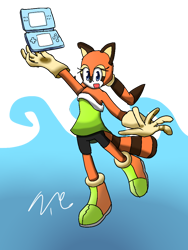 Size: 768x1024 | Tagged: safe, artist:chasetales, marine the raccoon, 2024, looking at viewer, mouth open, nintendo ds, open smile, signature, simple background, smile, smiling at viewer, solo, transparent background, water