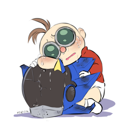 Size: 1024x1024 | Tagged: safe, artist:irenereru, chaos sonic, dr. babble, human, sonic prime, 2023, baby, blushing, broken, crying, decapitated head, decapitated limb, decapitation, holding something, kneeling, robot, sad, signature, simple background, sitting, snot, solo, sonic prime s3, tears, tears of sadness, white background