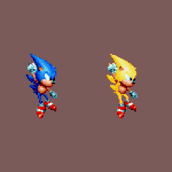 Size: 300x300 | Tagged: safe, artist:doa687, sonic the hedgehog, super sonic, 2017, animated, brown background, classic sonic, duality, gif, hanging on, infinite loop, looking offscreen, pixel art, simple background, solo, sprite, super form