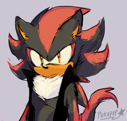 Size: 1118x1066 | Tagged: safe, artist:pukopop, shadow the hedgehog, hedgehog, 2023, clothes, ear fluff, frown, gilet, grey background, long tail, looking at viewer, signature, simple background, solo, standing
