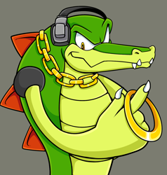 Size: 1146x1206 | Tagged: safe, artist:beastofeuthanasia, vector the crocodile, 2026, claws, fangs, gloves off, grey background, holding something, looking at viewer, ring, simple background, smile, solo