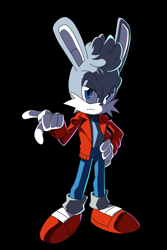 Size: 800x1200 | Tagged: safe, artist:jetblack0x, johnny lightfoot, rabbit, black background, clothes, frown, gloves, hand on hip, jacket, lidded eyes, looking at viewer, modern style, pants, pointing, shirt, shoes, simple background, socks, solo, style emulation