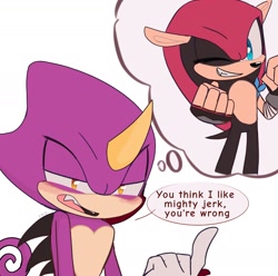 Size: 1406x1396 | Tagged: safe, artist:sonicnewunivers, espio the chameleon, mighty the armadillo, 2023, blushing, denial, english text, espio x mighty, gay, looking offscreen, pointing, shipping, simple background, solo, speech bubble, talking, text, thought bubble, white background
