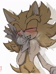 Size: 1536x2048 | Tagged: safe, artist:uruku__, sonic the hedgehog, 2026, biting, blushing, fleetway, fleetway super sonic, lidded eyes, looking at viewer, signature, simple background, solo, super form, white background