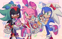 Size: 2048x1298 | Tagged: safe, artist:shadzzz_11, amy rose, knuckles the echidna, miles "tails" prower, robotnik, shadow the hedgehog, sonic the hedgehog, 2025, age difference, amy x shadow, amy x shadow x sonic, amy x sonic, amybetes, bag, bisexual, blushing, crossover, cute, hangyodon, heart, hello kitty, holding something, hood, lidded eyes, my melody, one fang, polyamory, sanrio, shadow x sonic, shadowbetes, shipping, smile, sonabetes, standing, star (symbol), stuffed animal, trio, wink