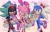 Size: 2048x1298 | Tagged: safe, artist:shadzzz_11, amy rose, knuckles the echidna, miles "tails" prower, robotnik, shadow the hedgehog, sonic the hedgehog, 2025, age difference, amy x shadow, amy x shadow x sonic, amy x sonic, amybetes, bag, bisexual, blushing, crossover, cute, hangyodon, heart, hello kitty, holding something, hood, lidded eyes, my melody, one fang, polyamory, sanrio, shadow x sonic, shadowbetes, shipping, smile, sonabetes, standing, star (symbol), stuffed animal, trio, wink