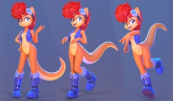 Size: 1846x1080 | Tagged: safe, artist:lemurfeature, sally acorn, 2026, 3d, blender, female, goggles, kangaroo, looking at viewer, pose, sally's vest and boots, simple background, solo, species swap