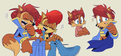 Size: 2402x1102 | Tagged: safe, artist:risziarts, elias acorn, sally acorn, chipmunk, squirrel, 2024, brother and sister, duo, female, laughing, male, noticing, redesign, sally's vest and boots, siblings, sitting, smile, sweater