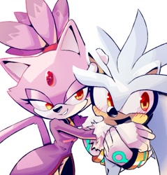 Size: 1263x1319 | Tagged: safe, artist:mrasombro, blaze the cat, silver the hedgehog, cat, hedgehog, 2026, blushing, duo, female, looking at viewer, male, shipping, silvaze, simple background, straight