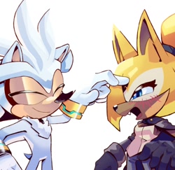 Size: 1364x1328 | Tagged: safe, artist:mrasombro, silver the hedgehog, whisper the wolf, hedgehog, wolf, 2026, blushing, duo, female, male, shipping, silvisper, simple background, smile, straight