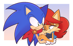 Size: 3438x2160 | Tagged: safe, artist:luckyclau, sally acorn, sonic the hedgehog, chipmunk, hedgehog, 2026, duo, female, holding them, male, redesign, sally x sonic, sally's ringblader outfit, scarf, shipping, star (symbol), straight