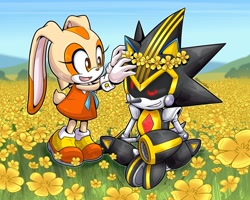 Size: 2500x2000 | Tagged: safe, artist:haiiroslash, cream the rabbit, shard the metal, rabbit, 2026, child, daytime, duo, female, flower, flower in hair, flowers field, happy, looking at each other, male, robot