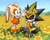 Size: 2500x2000 | Tagged: safe, artist:haiiroslash, cream the rabbit, shard the metal, rabbit, 2026, child, daytime, duo, female, flower, flower crown, flower in hair, flowers field, happy, looking at each other, male, robot