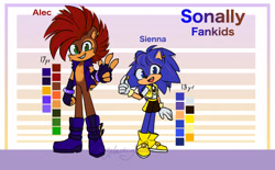 Size: 2048x1267 | Tagged: safe, artist:galacticghoste, oc, oc:alec acorn, oc:sienna the hedgehog, chipmunk, hedgehog, 2024, alternate universe, au:youthlegacy, brother and sister, duo, english text, fankid, female, looking at viewer, male, parent:sally, parent:sonally, parent:sonic, pose, reference sheet, sally x sonic, shipping, siblings, straight, top surgery scars, trans male, transgender