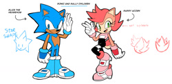 Size: 1280x625 | Tagged: safe, artist:drawloverlala, manik acorn, sonia acorn, chipmunk, hedgehog, 2016, duo, english text, female, looking at viewer, male, parent:sally, parent:sonally, parent:sonic, pose, reference sheet, ringblader, simple background, white background