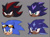 Size: 1244x919 | Tagged: safe, artist:sorbeau, shadow the hedgehog, sonic the hedgehog, oc, oc:blue skies "sky" the hedgehog, oc:elena "ellie" the hedgehog, hedgehog, 2025, aged up, cheek fluff, dark skin, eyewear on head, family, fankid, father and child, father and daughter, female, frown, fur markings, grey background, group, head only, looking offscreen, male, parent:shadow, parent:sonic, parents:sonadow, siblings, simple background, sisters, smile, sunglasses