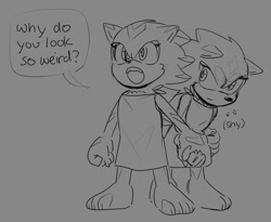 Size: 1193x977 | Tagged: safe, artist:sorbeau, oc, oc:blue skies "sky" the hedgehog, oc:elena "ellie" the hedgehog, hedgehog, 2025, barefoot, dialogue, duo, english text, fankid, female, fur markings, grey background, hiding, line art, monochrome, parent:shadow, parent:sonic, parents:sonadow, shy, siblings, simple background, sisters, speech bubble, standing, talking, text