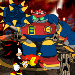Size: 2048x2048 | Tagged: safe, artist:egg-emperor, robotnik, shadow the hedgehog, human, 2025, abstract background, blaster, clenched teeth, cryptic castle, duo, egg breaker, fight, glowing eyes, holding something, looking at each other, male, mechsuit, red sky, robot, shadow the hedgehog (video game), standing, weapon
