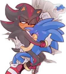 Size: 736x828 | Tagged: safe, artist:inikuu, shadow the hedgehog, sonic the hedgehog, hedgehog, bed, cute, duo, eyes closed, frown, gay, heart, hugging, lidded eyes, lying down, male, pillow, question mark, shadow x sonic, shipping, smile, snuggling