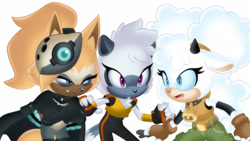 Size: 1920x1081 | Tagged: safe, artist:samaradraws, lanolin the sheep, tangle the lemur, whisper the wolf, lemur, sheep, wolf, 2026, diamond cutters, female, simple background, standing, trio, white background