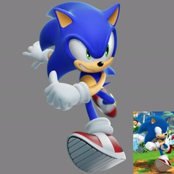 Size: 2048x2048 | Tagged: safe, artist:pariah3d, sonic the hedgehog, hedgehog, 2026, 3d, clenched teeth, grey background, looking offscreen, male, redraw, reference inset, running, simple background, smile, solo, sonic generations, treads