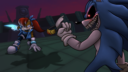 Size: 1280x720 | Tagged: safe, artist:frenzyferret, sally acorn, oc, oc:2011x, oc:sonic.exe, chipmunk, hedgehog, 2026, alternate universe, au:freedom fighters reprisal, bracelet, duo, female, fighting, male, sally x sonic, sally's ringblader outfit, shipping, straight, sweatdrop
