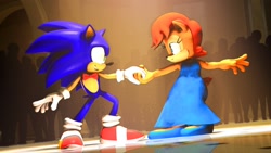 Size: 1920x1080 | Tagged: safe, artist:pixelrush, sally acorn, sonic the hedgehog, chipmunk, hedgehog, human, 2022, 3d, alternate outfit, bowtie, clothes, dancing, dress, duo, female, holding hands, looking at each other, male, sally x sonic, shipping, smile, smiling at each other, source filmmaker, straight