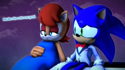 Size: 1920x1080 | Tagged: safe, artist:pixelrush, sally acorn, sonic the hedgehog, chipmunk, hedgehog, 2023, alternate outfit, building, dialogue, dress, duo, english text, female, male, nighttime, rooftop, sally x sonic, shipping, sitting, source filmmaker, star (sky), straight, suit